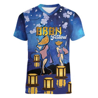 Japan Obon Festival Women V-Neck T-Shirt Sakura Lanterns With Bon Dance LT14 Female Blue - Polynesian Pride