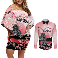 Personalised Japan Samurai Warrior Couples Matching Off Shoulder Short Dress and Long Sleeve Button Shirt Japanese Cherry Blossom Polynesian Pattern - Polynesian Pride