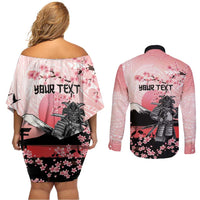 Personalised Japan Samurai Warrior Couples Matching Off Shoulder Short Dress and Long Sleeve Button Shirt Japanese Cherry Blossom Polynesian Pattern - Polynesian Pride