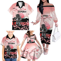 Personalised Japan Samurai Warrior Family Matching Off The Shoulder Long Sleeve Dress and Hawaiian Shirt Japanese Cherry Blossom Polynesian Pattern LT14 - Polynesian Pride