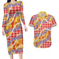 Hawaii Kahili Palaka Motifs Couples Matching Long Sleeve Bodycon Dress and Hawaiian Shirt Hawaiian Honohono Pikake Lei LT14 Red - Polynesian Pride