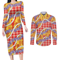 Hawaii Kahili Palaka Motifs Couples Matching Long Sleeve Bodycon Dress and Long Sleeve Button Shirt Hawaiian Honohono Pikake Lei