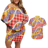 Hawaii Kahili Palaka Motifs Couples Matching Off Shoulder Short Dress and Hawaiian Shirt Hawaiian Honohono Pikake Lei LT14 Red - Polynesian Pride