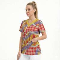 Hawaii Kahili Palaka Motifs Scrub Top Hawaiian Honohono Pikake Lei