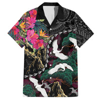 Hawaiian and Japanese Culture Family Matching Off The Shoulder Long Sleeve Dress and Hawaiian Shirt Crane Sakura Hibiscus Tropical Vibes LT14 Dad's Shirt - Short Sleeve Black - Polynesian Pride