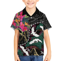 Hawaiian and Japanese Culture Family Matching Off Shoulder Short Dress and Hawaiian Shirt Crane Sakura Hibiscus Tropical Vibes LT14 Son's Shirt Black - Polynesian Pride