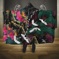 Hawaiian and Japanese Culture Hooded Blanket Crane Sakura Hibiscus Tropical Vibes