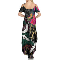 Hawaiian and Japanese Culture Summer Maxi Dress Crane Sakura Hibiscus Tropical Vibes