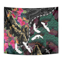 Hawaiian and Japanese Culture Tapestry Crane Sakura Hibiscus Tropical Vibes
