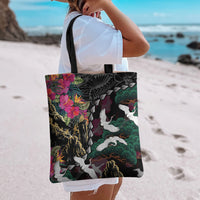 Hawaiian and Japanese Culture Tote Bag Crane Sakura Hibiscus Tropical Vibes