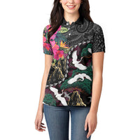 Hawaiian and Japanese Culture Women Polo Shirt Crane Sakura Hibiscus Tropical Vibes