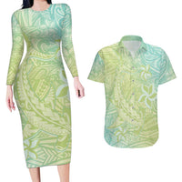 Baby Green Gradient Polynesia Couples Matching Long Sleeve Bodycon Dress and Hawaiian Shirt Hawaiian Tribal Hammerhead Shark Tattoo LT14 Baby Green - Polynesian Pride