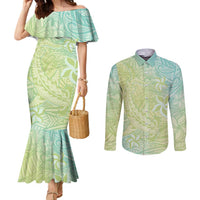 Baby Green Gradient Polynesia Couples Matching Mermaid Dress and Long Sleeve Button Shirt Hawaiian Tribal Hammerhead Shark Tattoo LT14 Baby Green - Polynesian Pride