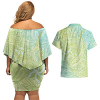 Baby Green Gradient Polynesia Couples Matching Off Shoulder Short Dress and Hawaiian Shirt Hawaiian Tribal Hammerhead Shark Tattoo LT14 - Polynesian Pride