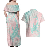 Baby Pink Gradient Polynesia Couples Matching Off Shoulder Maxi Dress and Hawaiian Shirt Hawaiian Tribal Hammerhead Shark Tattoo LT14 - Polynesian Pride