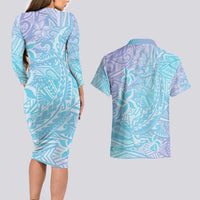 Baby Blue Gradient Polynesia Couples Matching Long Sleeve Bodycon Dress and Hawaiian Shirt Hawaiian Tribal Hammerhead Shark Tattoo LT14 - Polynesian Pride