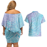 Baby Blue Gradient Polynesia Couples Matching Off Shoulder Short Dress and Hawaiian Shirt Hawaiian Tribal Hammerhead Shark Tattoo LT14 - Polynesian Pride