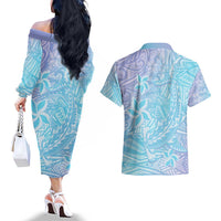 Baby Blue Gradient Polynesia Couples Matching Off The Shoulder Long Sleeve Dress and Hawaiian Shirt Hawaiian Tribal Hammerhead Shark Tattoo LT14 - Polynesian Pride