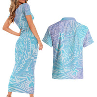 Baby Blue Gradient Polynesia Couples Matching Short Sleeve Bodycon Dress and Hawaiian Shirt Hawaiian Tribal Hammerhead Shark Tattoo LT14 - Polynesian Pride
