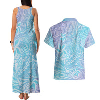 Baby Blue Gradient Polynesia Couples Matching Tank Maxi Dress and Hawaiian Shirt Hawaiian Tribal Hammerhead Shark Tattoo LT14 - Polynesian Pride