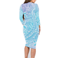 Baby Blue Gradient Polynesia Family Matching Long Sleeve Bodycon Dress and Hawaiian Shirt Hawaiian Tribal Hammerhead Shark Tattoo LT14 - Polynesian Pride