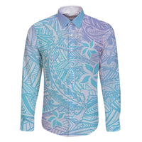 Baby Blue Gradient Polynesia Family Matching Off Shoulder Maxi Dress and Hawaiian Shirt Hawaiian Tribal Hammerhead Shark Tattoo LT14 Dad's Shirt - Long Sleeve Baby Blue - Polynesian Pride