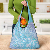 Baby Blue Gradient Polynesia Grocery Bag Hawaiian Tribal Hammerhead Shark Tattoo