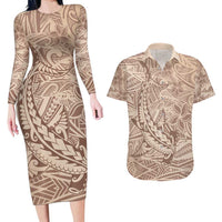 Pastel Brown Polynesia Couples Matching Long Sleeve Bodycon Dress and Hawaiian Shirt Hawaiian Tribal Hammerhead Shark Tattoo LT14 Pastel Brown - Polynesian Pride