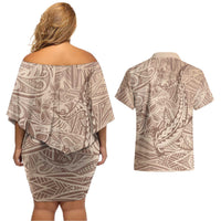 Pastel Brown Polynesia Couples Matching Off Shoulder Short Dress and Hawaiian Shirt Hawaiian Tribal Hammerhead Shark Tattoo LT14 - Polynesian Pride