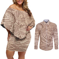 Pastel Brown Polynesia Couples Matching Off Shoulder Short Dress and Long Sleeve Button Shirt Hawaiian Tribal Hammerhead Shark Tattoo LT14 Pastel Brown - Polynesian Pride
