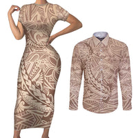 Pastel Brown Polynesia Couples Matching Short Sleeve Bodycon Dress and Long Sleeve Button Shirt Hawaiian Tribal Hammerhead Shark Tattoo LT14 Pastel Brown - Polynesian Pride