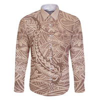 Pastel Brown Polynesia Family Matching Off Shoulder Short Dress and Hawaiian Shirt Hawaiian Tribal Hammerhead Shark Tattoo LT14 Dad's Shirt - Long Sleeve Pastel Brown - Polynesian Pride