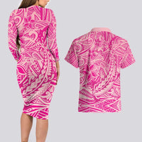 Beige Gradient Polynesia Couples Matching Long Sleeve Bodycon Dress and Hawaiian Shirt Hawaiian Tribal Hammerhead Shark Tattoo LT14 - Polynesian Pride