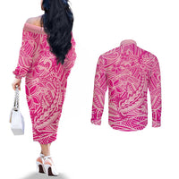 Beige Gradient Polynesia Couples Matching Off The Shoulder Long Sleeve Dress and Long Sleeve Button Shirt Hawaiian Tribal Hammerhead Shark Tattoo LT14 - Polynesian Pride