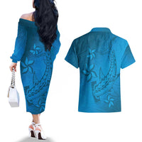 Blue Gradient Polynesia Couples Matching Off The Shoulder Long Sleeve Dress and Hawaiian Shirt Hawaiian Tribal Hammerhead Shark Tattoo LT14 - Polynesian Pride