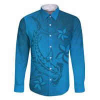 Blue Gradient Polynesia Family Matching Off The Shoulder Long Sleeve Dress and Hawaiian Shirt Hawaiian Tribal Hammerhead Shark Tattoo LT14 Dad's Shirt - Long Sleeve Blue - Polynesian Pride