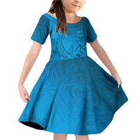 Blue Gradient Polynesia Family Matching Off Shoulder Short Dress and Hawaiian Shirt Hawaiian Tribal Hammerhead Shark Tattoo LT14 Daughter's Dress Blue - Polynesian Pride