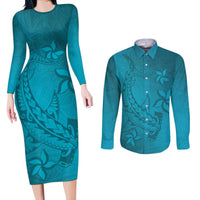Dark Cyan Gradient Polynesia Couples Matching Long Sleeve Bodycon Dress and Long Sleeve Button Shirt Hawaiian Tribal Hammerhead Shark Tattoo LT14 Dark Cyan - Polynesian Pride