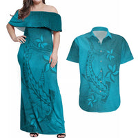 Dark Cyan Gradient Polynesia Couples Matching Off Shoulder Maxi Dress and Hawaiian Shirt Hawaiian Tribal Hammerhead Shark Tattoo LT14 Dark Cyan - Polynesian Pride