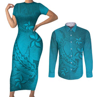 Dark Cyan Gradient Polynesia Couples Matching Short Sleeve Bodycon Dress and Long Sleeve Button Shirt Hawaiian Tribal Hammerhead Shark Tattoo LT14 Dark Cyan - Polynesian Pride