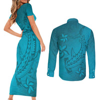 Dark Cyan Gradient Polynesia Couples Matching Short Sleeve Bodycon Dress and Long Sleeve Button Shirt Hawaiian Tribal Hammerhead Shark Tattoo LT14 - Polynesian Pride