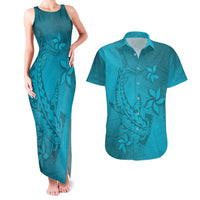 Dark Cyan Gradient Polynesia Couples Matching Tank Maxi Dress and Hawaiian Shirt Hawaiian Tribal Hammerhead Shark Tattoo LT14 Dark Cyan - Polynesian Pride