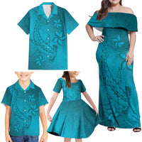 Dark Cyan Gradient Polynesia Family Matching Off Shoulder Maxi Dress and Hawaiian Shirt Hawaiian Tribal Hammerhead Shark Tattoo LT14 - Polynesian Pride