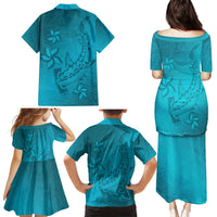Dark Cyan Gradient Polynesia Family Matching Puletasi and Hawaiian Shirt Hawaiian Tribal Hammerhead Shark Tattoo LT14 - Polynesian Pride
