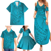 Dark Cyan Gradient Polynesia Family Matching Summer Maxi Dress and Hawaiian Shirt Hawaiian Tribal Hammerhead Shark Tattoo LT14 - Polynesian Pride