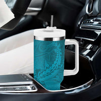 Dark Cyan Gradient Polynesia Tumbler With Handle Hawaiian Tribal Hammerhead Shark Tattoo