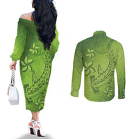 Green Gradient Polynesia Couples Matching Off The Shoulder Long Sleeve Dress and Long Sleeve Button Shirt Hawaiian Tribal Hammerhead Shark Tattoo LT14 - Polynesian Pride