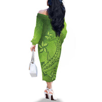 Green Gradient Polynesia Family Matching Off The Shoulder Long Sleeve Dress and Hawaiian Shirt Hawaiian Tribal Hammerhead Shark Tattoo LT14 - Polynesian Pride