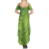 Green Gradient Polynesia Family Matching Summer Maxi Dress and Hawaiian Shirt Hawaiian Tribal Hammerhead Shark Tattoo LT14 - Polynesian Pride
