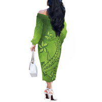 Green Gradient Polynesia Off The Shoulder Long Sleeve Dress Hawaiian Tribal Hammerhead Shark Tattoo